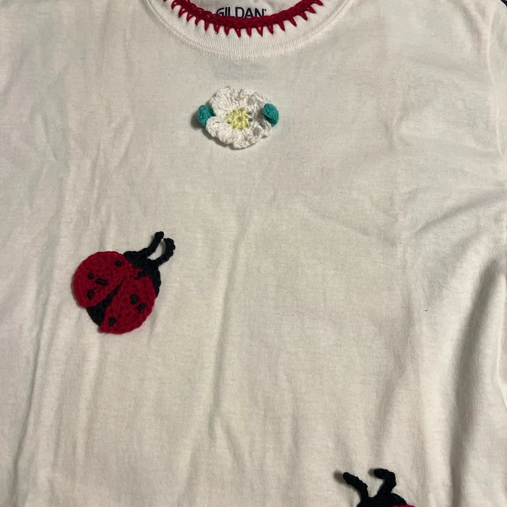 Hand Crafted Ladybug Dress with Matching Purse Crochet Red around White T Shirt - Picture 7 of 14